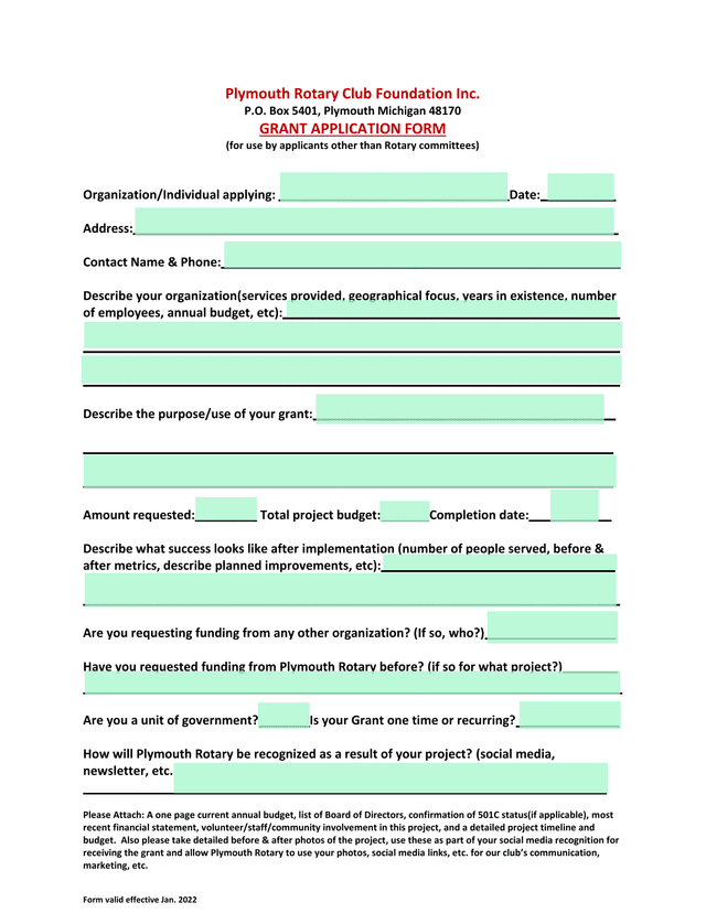Grant Application Form screenshot