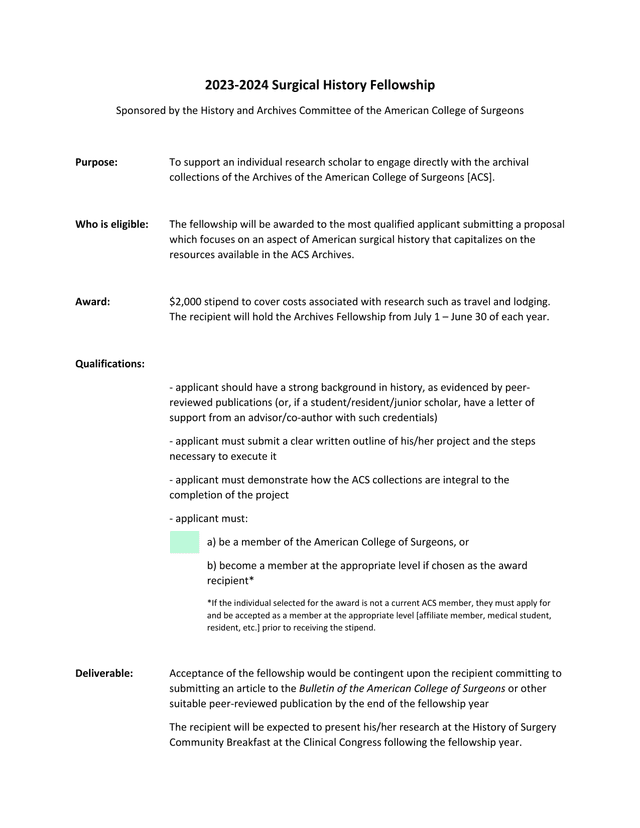 2023 2024 Surgical History Fellowship screenshot