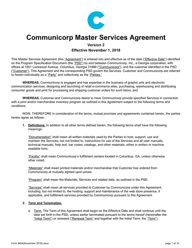 Communicorp Master Services Agreement screenshot