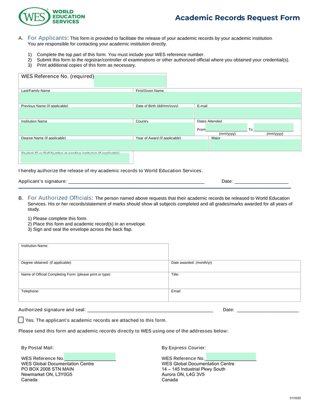 Academic Records Request Form screenshot