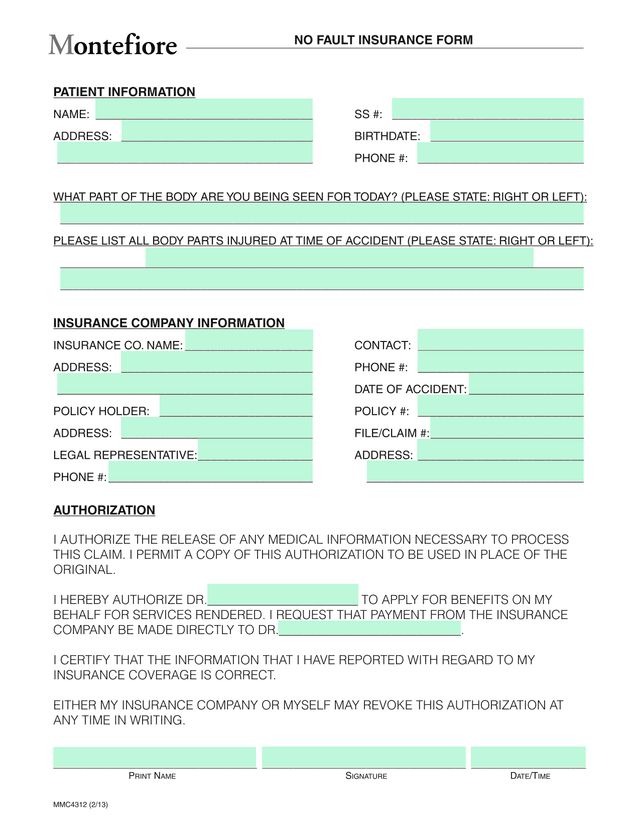 No Fault Insurance Form screenshot