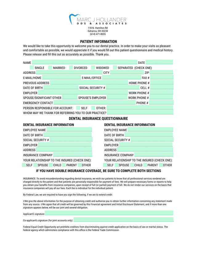 Patient Information And Dental Insurance Questionnaire screenshot