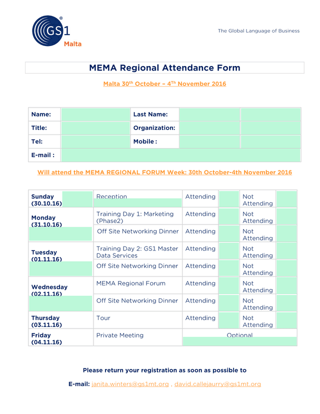 MEMA Regional Attendance Form screenshot