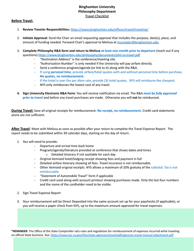 Philosophy Department Travel Checklist screenshot