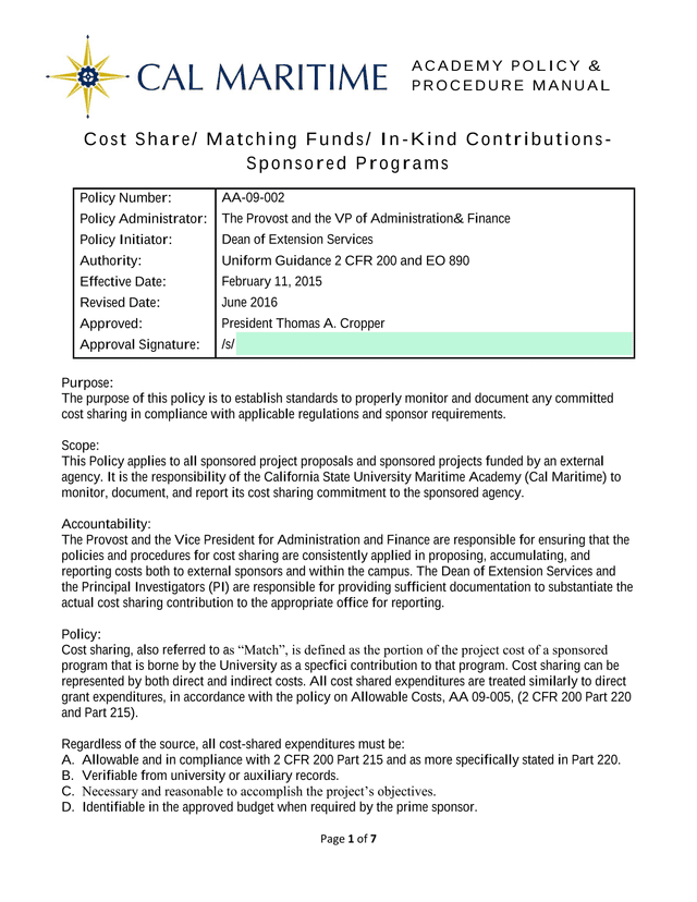Cost Share Matching Funds In Kind Contributions  Sponsored Programs screenshot