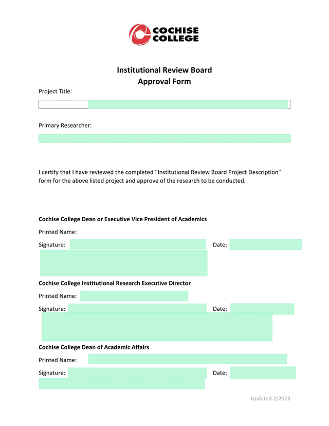 Institutional Review Board Approval Form screenshot