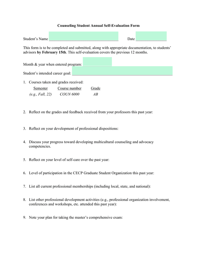 Counseling Student Annual Self Evaluation Form screenshot