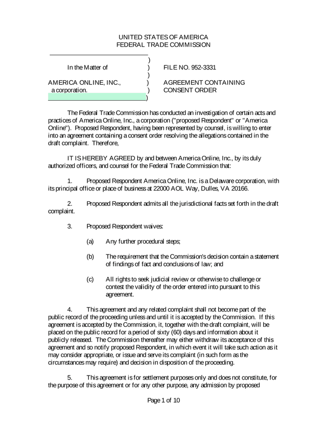 Federal Trade Commission Agreement Containing Consent Order screenshot