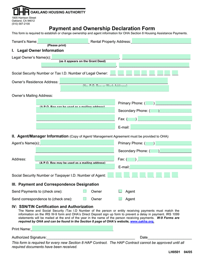 Payment And Ownership Declaration Form screenshot
