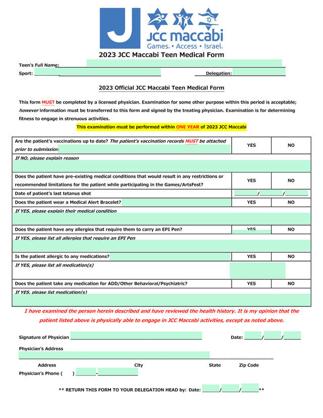 2023 JCC Maccabi Teen Medical Form screenshot