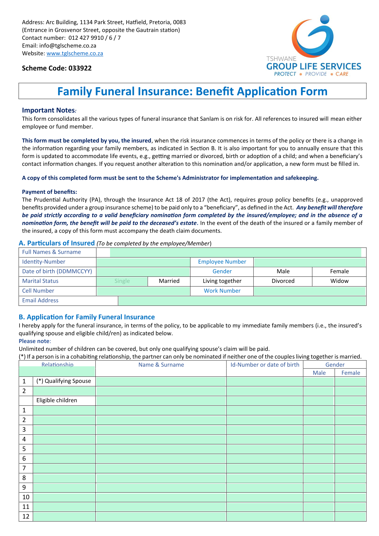 Family Funeral Insurance Benefit Application Form screenshot