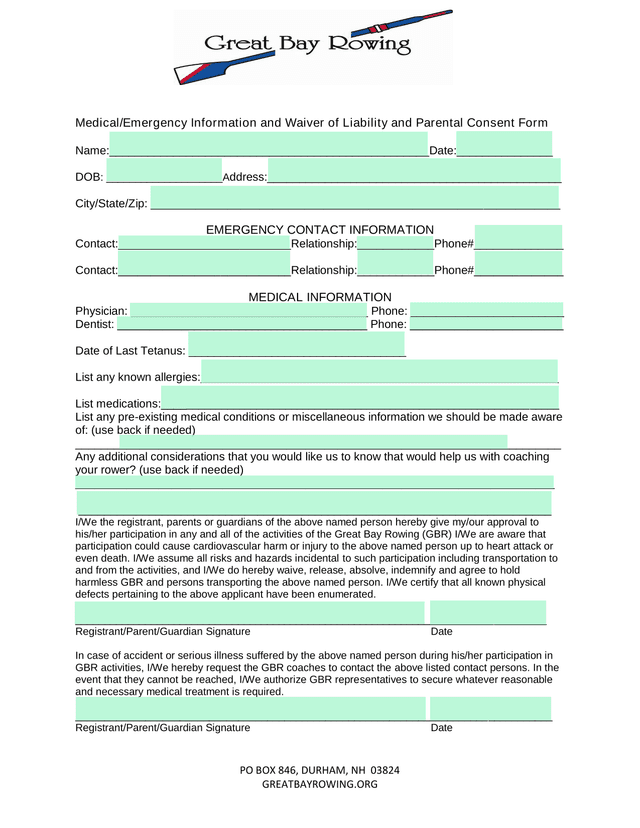 MedicalEmergency Information And Waiver Of Liability And Parental Consent Form screenshot
