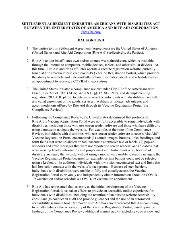 Settlement Agreement Under The Americans With Disabilities Act screenshot