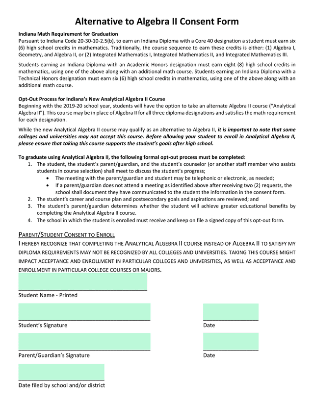 Alternative To Algebra II Consent Form screenshot