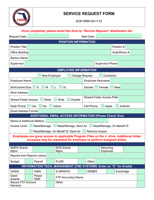 Service Request Form screenshot
