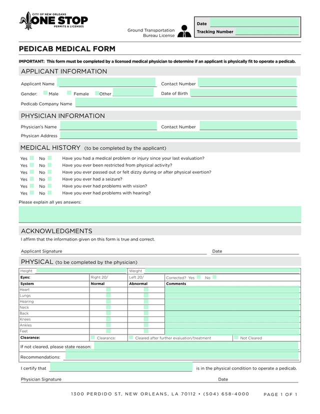 Pedicab Medical Form screenshot