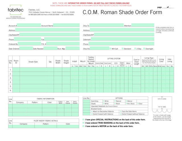 C.O.M. Roman Shade Order Form screenshot