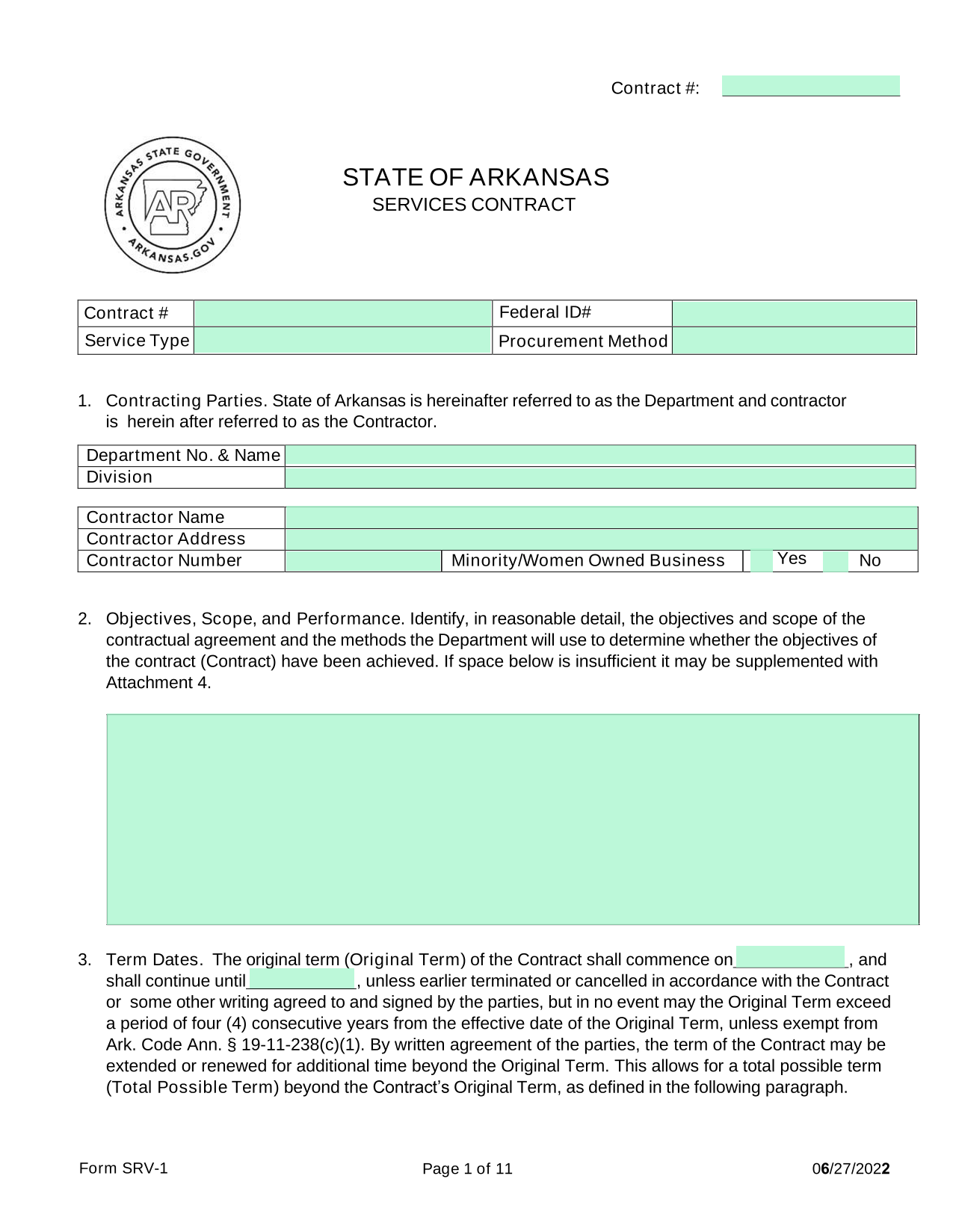 State Of Arkansas Services Contract (Form SRV 1) screenshot
