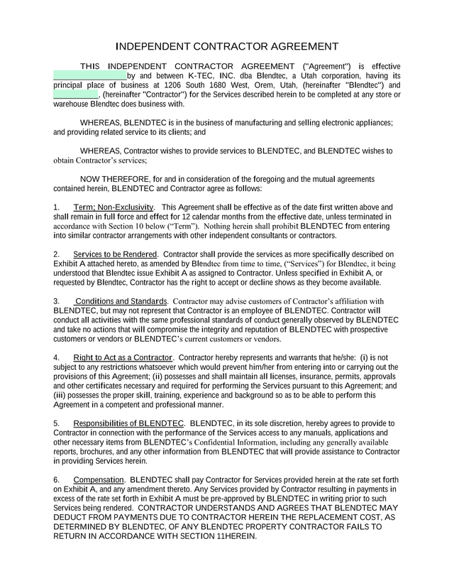 Independent Contractor Agreement screenshot