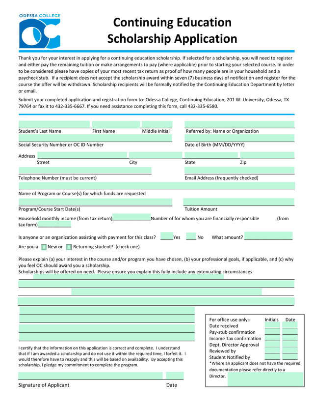 Continuing Education Scholarship Application screenshot
