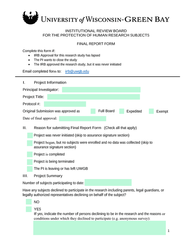 Institutional Review Board Final Report Form screenshot