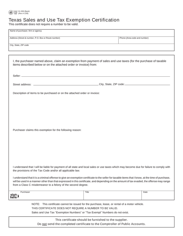 Texas Sales And Use Tax Exemption Certification screenshot