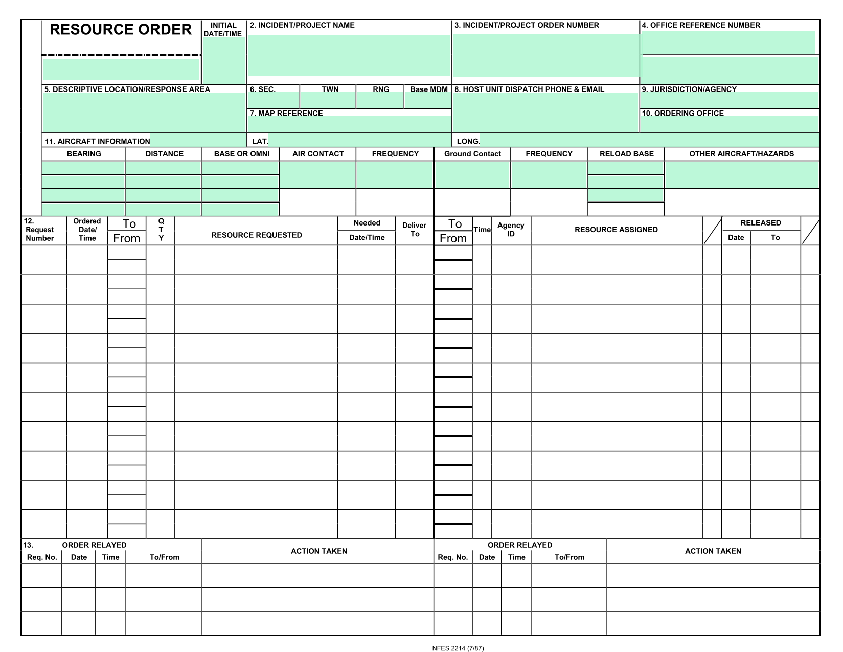 NFES 2214 Resource Order screenshot