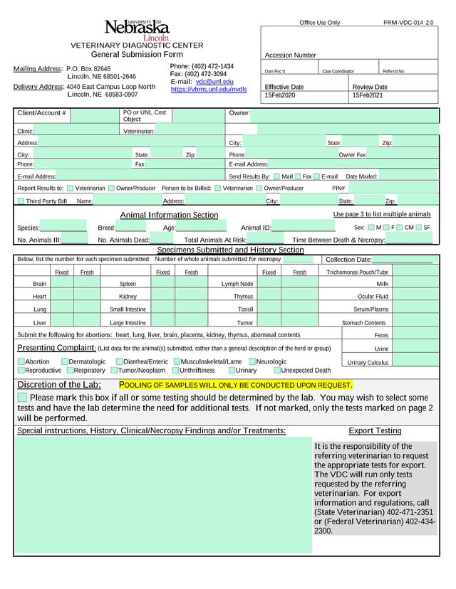Veterinary Diagnostic Center General Submission Form screenshot