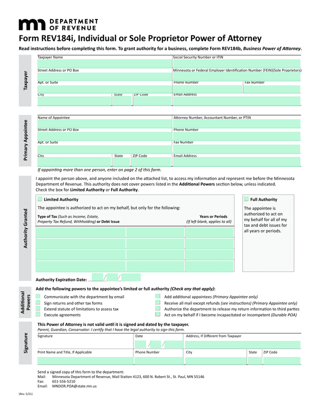 Form REV184i, Individual Or Sole Proprietor Power Of Attorney screenshot