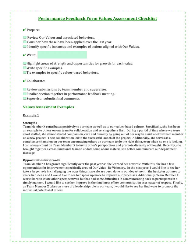 Performance Feedback Form Values Assessment Checklist screenshot