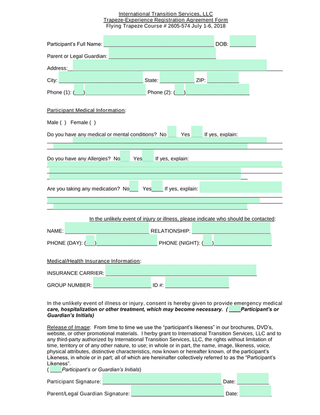 Trapeze Experience Registration Agreement Form screenshot