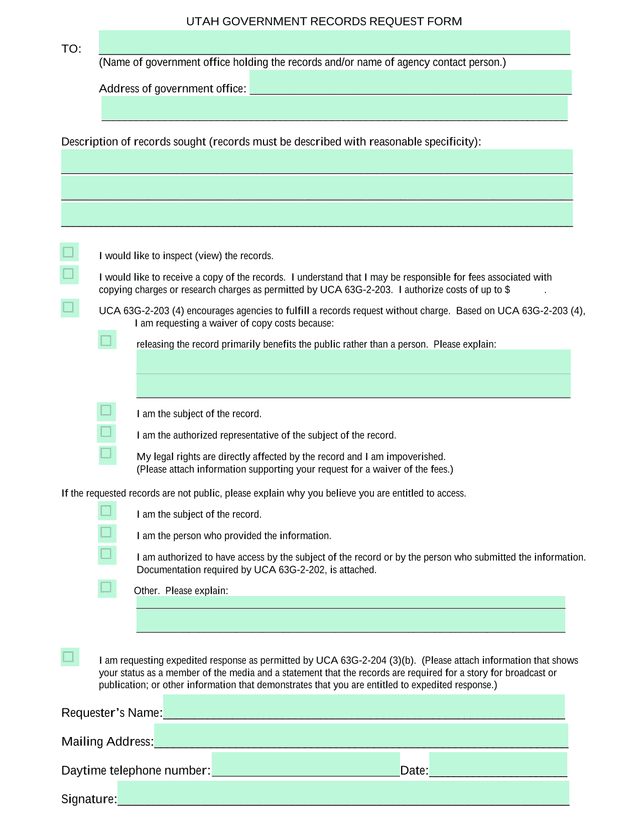 Utah Government Records Request Form screenshot