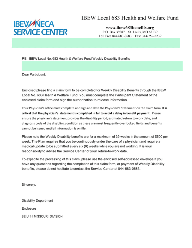 IBEW Local No. 683 Health  Welfare Fund Weekly Disability Benefits Claim Form screenshot