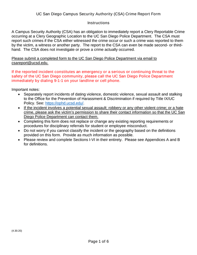 UC San Diego Campus Security Authority (CSA) Crime Report Form screenshot