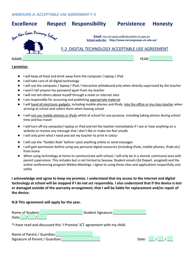 F 2 DIGITAL TECHNOLOGY ACCEPTABLE USE AGREEMENT screenshot