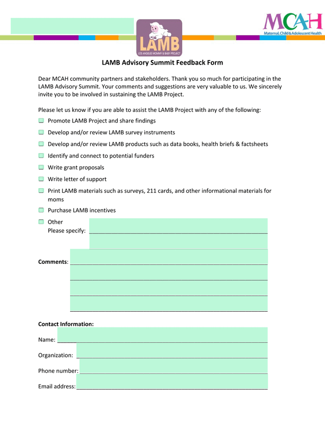 LAMB Advisory Summit Feedback Form screenshot