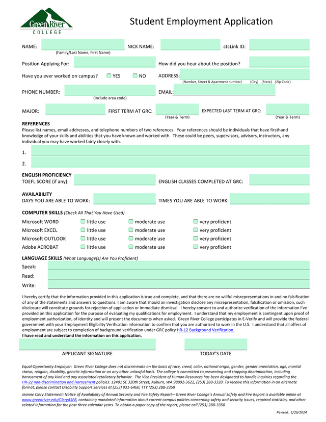 Student Employment Application screenshot