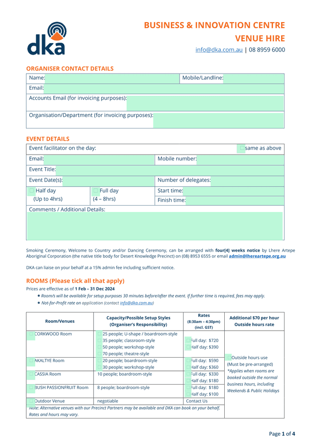 Venue Hire Form screenshot