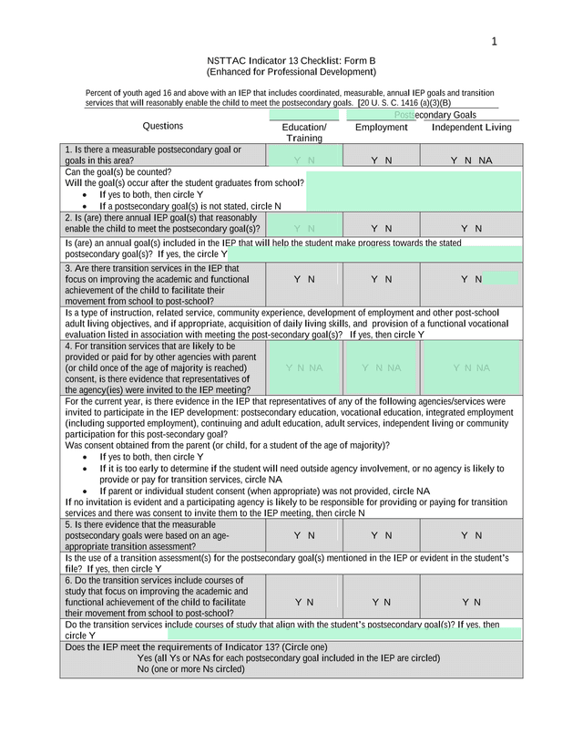 NSTTAC Indicator 13 Checklist Form B screenshot