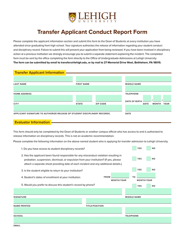 Transfer Applicant Conduct Report Form screenshot