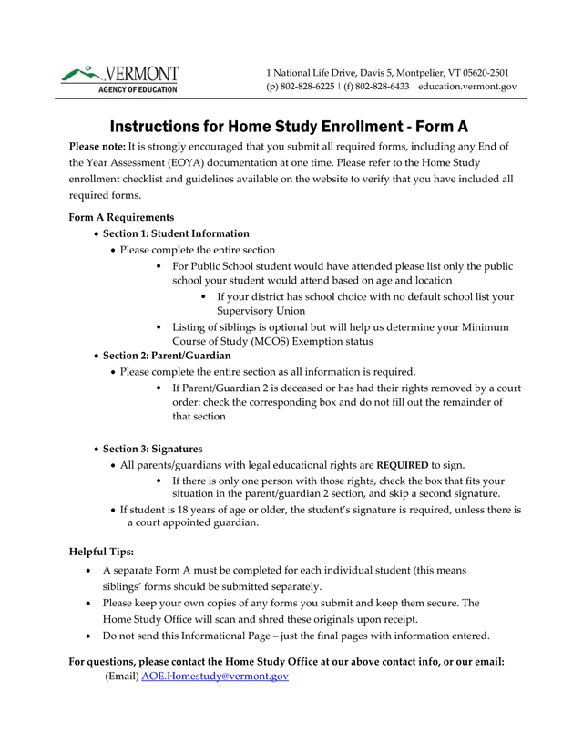 Home Study Enrollment   Form A screenshot