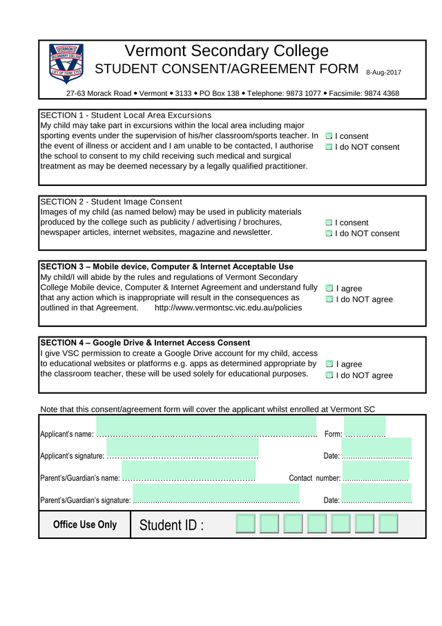 Vermont Secondary College Student ConsentAgreement Form screenshot