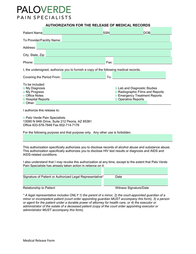 Medical Release Form screenshot