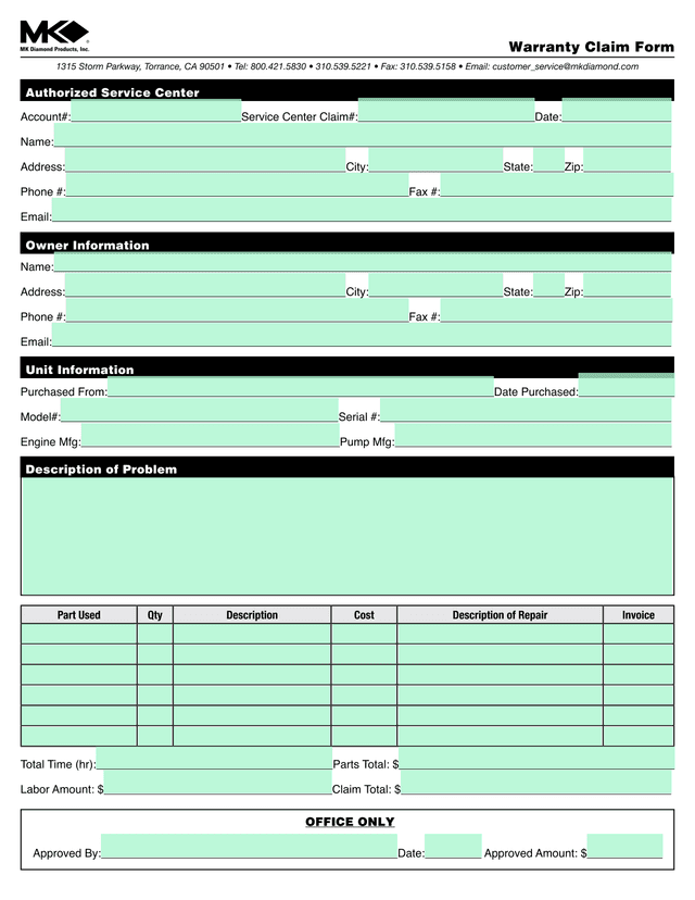 Warranty Claim Form screenshot