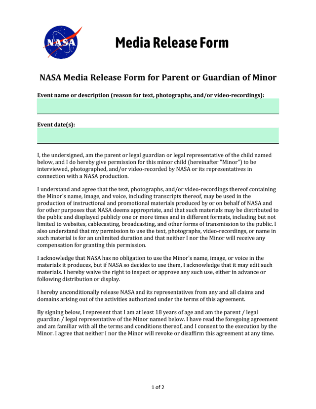 NASA Media Release Form For Parent Or Guardian Of Minor screenshot