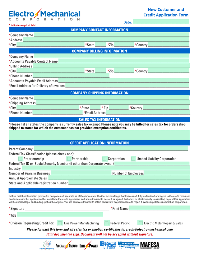 Credit Application Information Form screenshot
