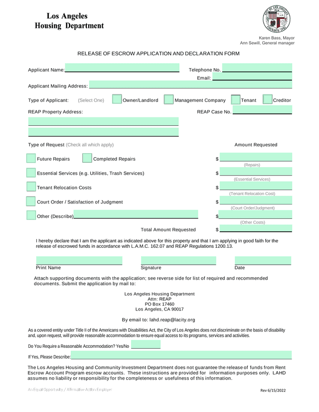 RELEASE OF ESCROW APPLICATION AND DECLARATION FORM screenshot