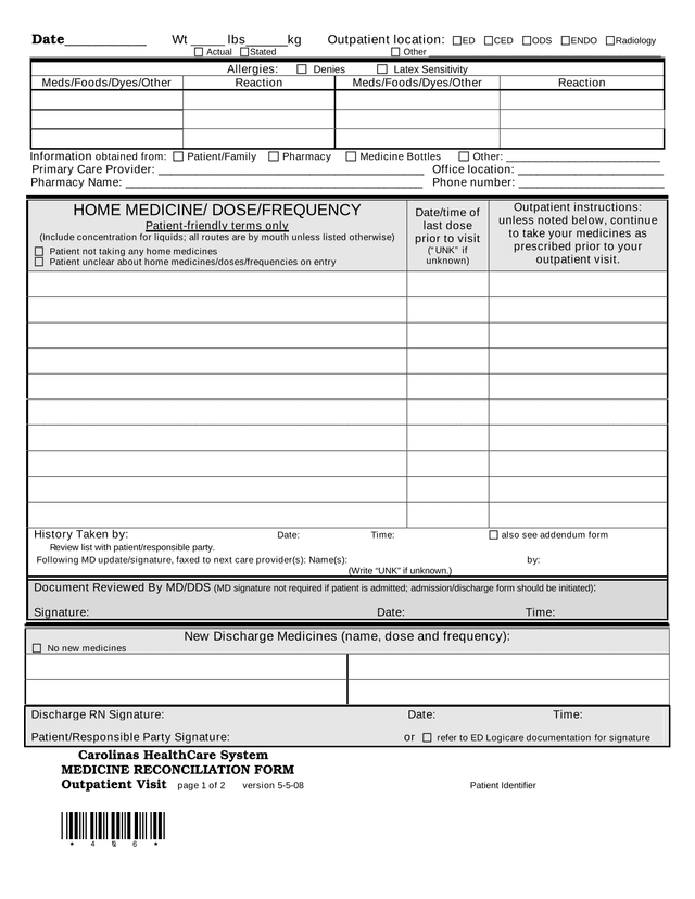Medicine Reconciliation Form screenshot