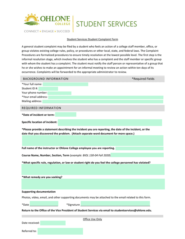 Student Complaint Form screenshot