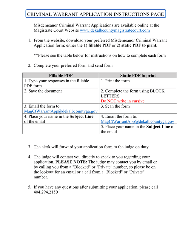 Criminal Warrant Application Instructions screenshot